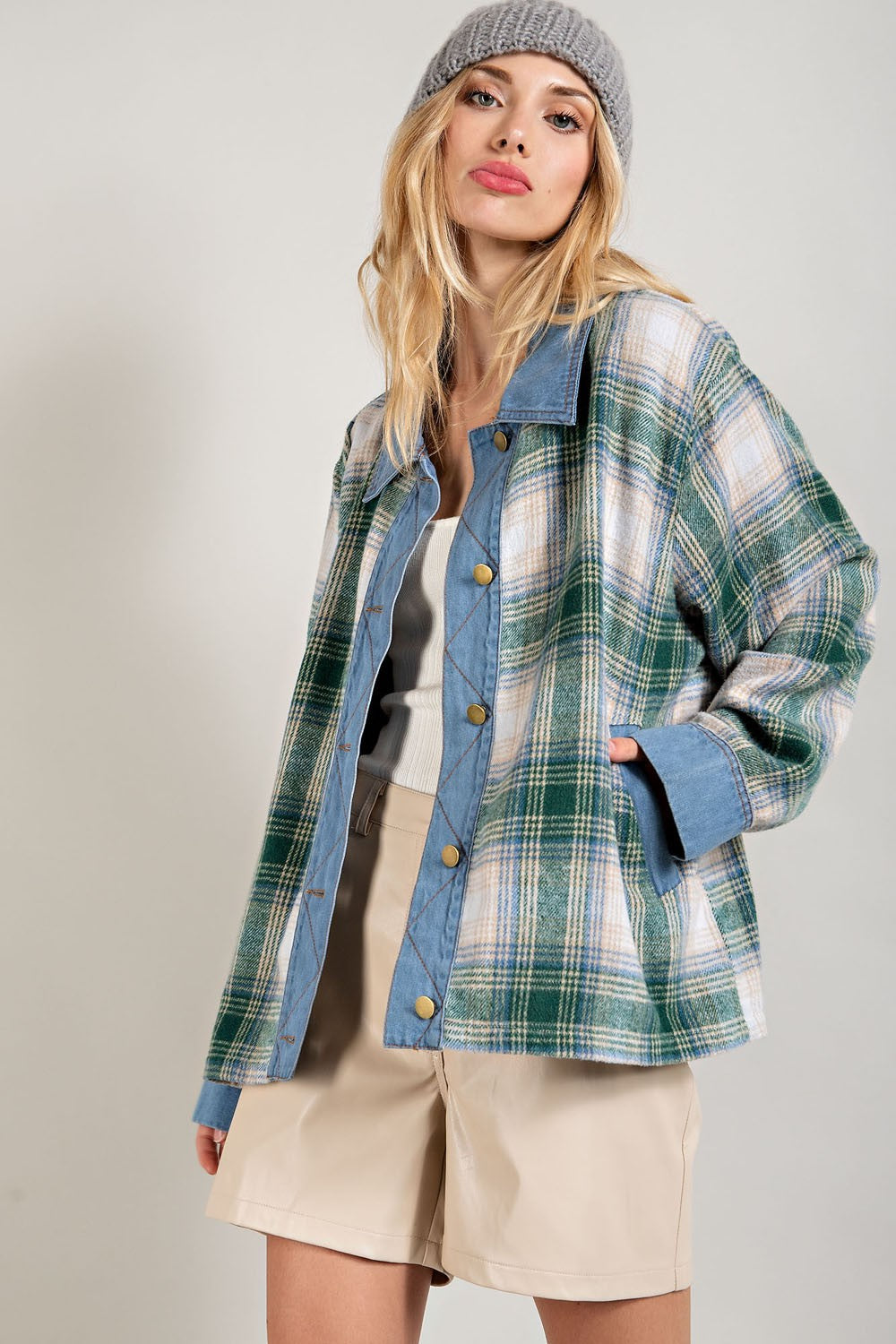 Hunter Green + Denim Plaid Shacket