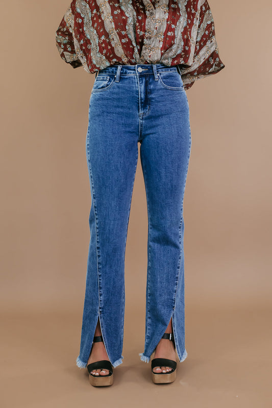 Risen High Rise Front Slit Relaxed Straight Jeans