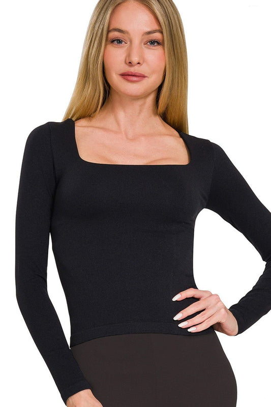 Black Seamless Fitted Square Neck Top- 1 S/M left