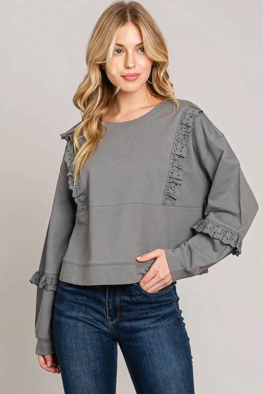 Charcoal Eyelet Ruffle Top