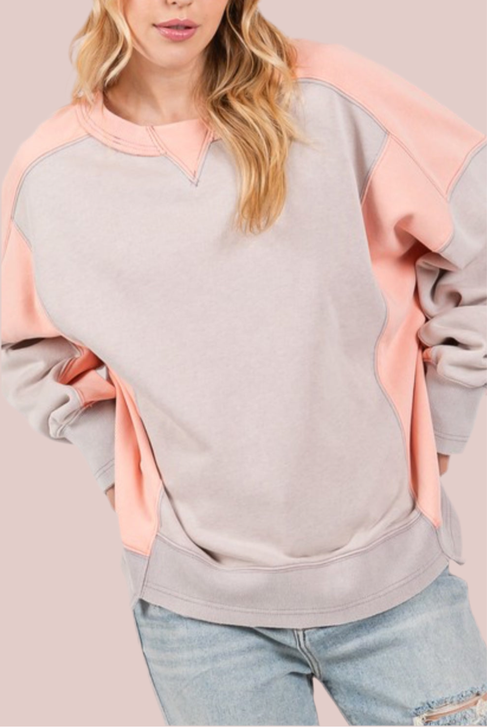 Grey + Peach Colorblock Pullover- ONE LARGE LEFT!