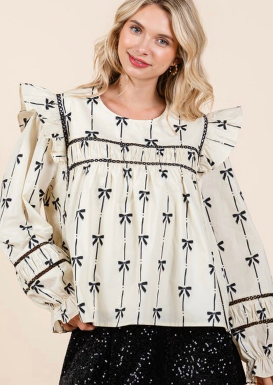 Cream Bow Print Blouse- 2 L left