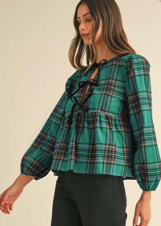 Green Plaid Velvet Bow Top- 2 L left