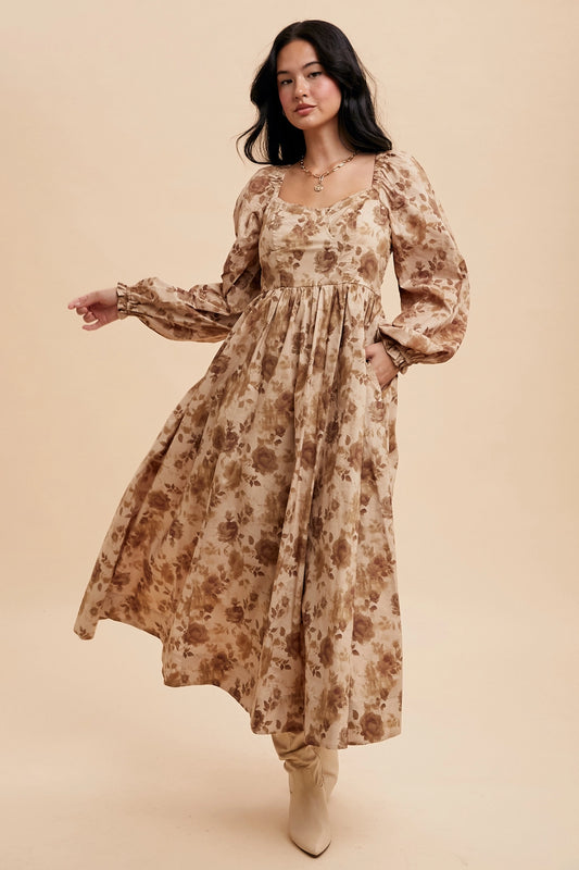 Brown Sweetheart Neck Floral Dress