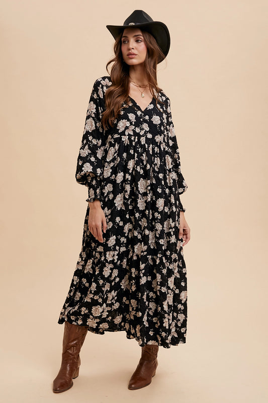 Black Floral Smocked Sleeve Dress